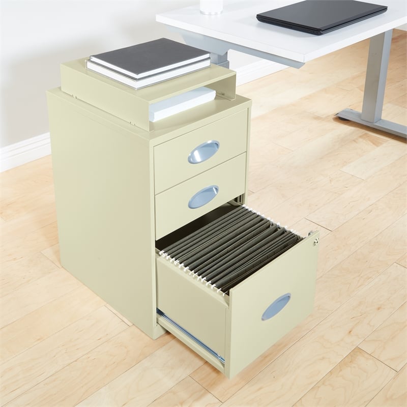 3 Drawer Locking Metal File Cabinet w/ Top Shelf in Tan