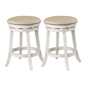 Backless Round Swivel Stool in Beige Fabric in White-Wash Finish 2 Pack