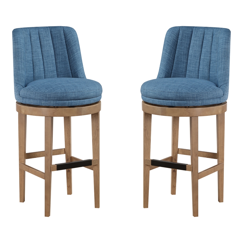 Rowan 2-Pack Swivel Barstool in Navy Fabric with Medium Oak legs
