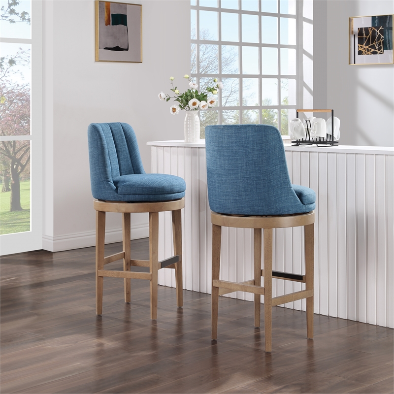 Rowan 2-Pack Swivel Barstool in Navy Fabric with Medium Oak legs