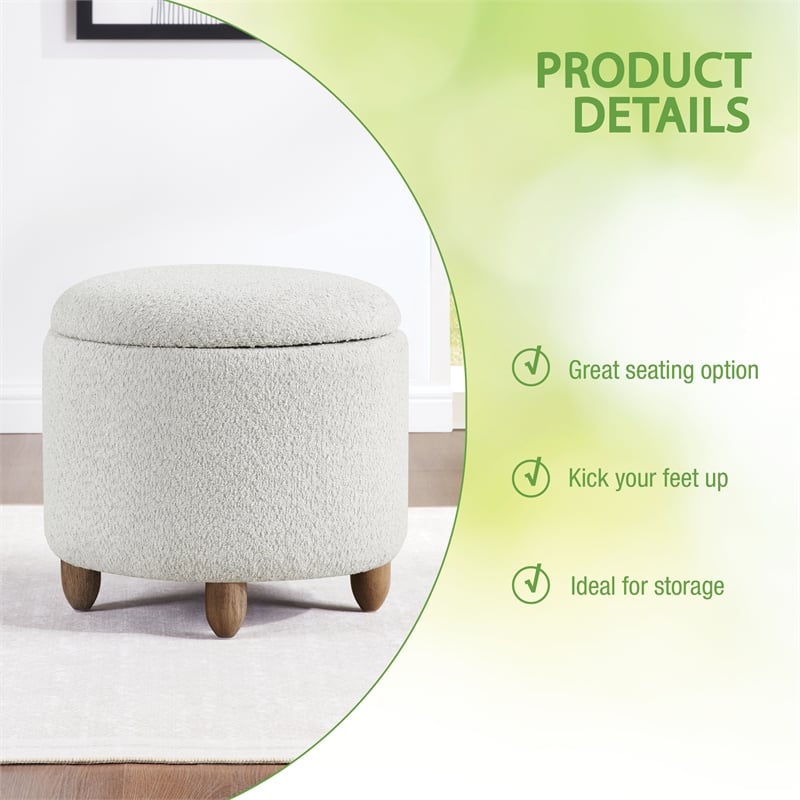 Lyra Storage Ottoman in Sherpa Parchment with Medium Oak Legs