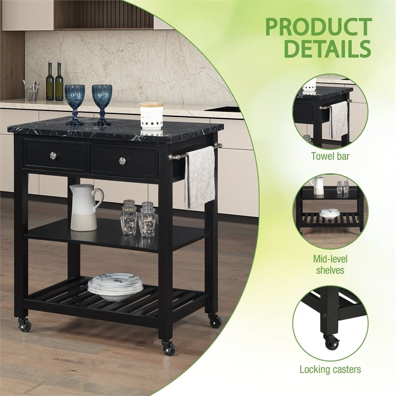Litchfield Kitchen Cart Engineered Wood With Faux Marble Top in Black Finish