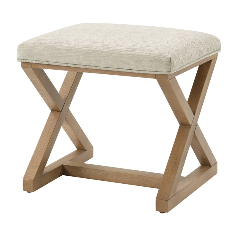 Carson X-Frame Stool in Linen White Fabric and Medium Oak Finish Wood