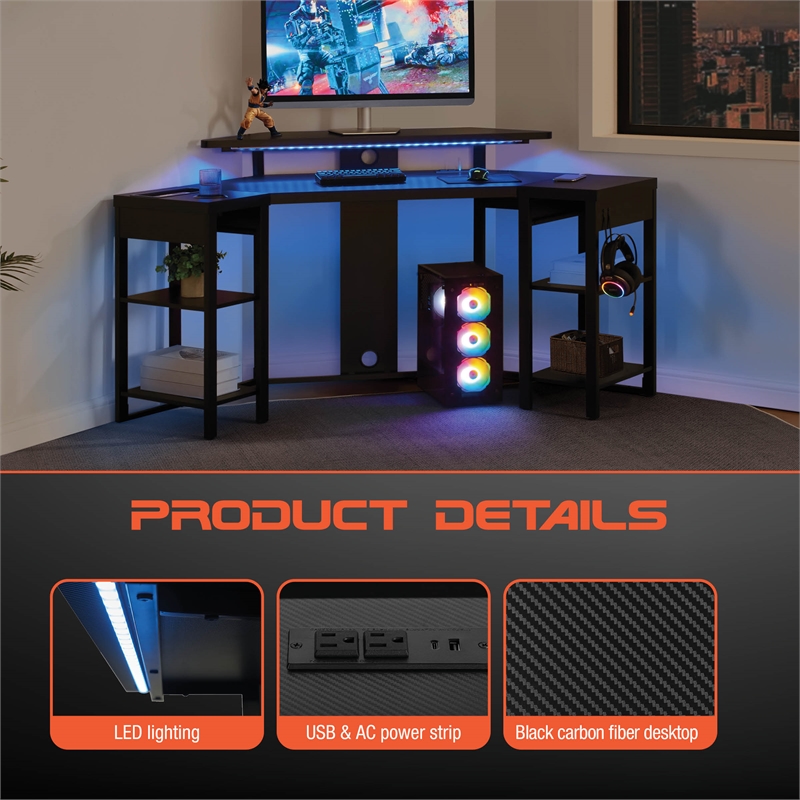 Adaptor Corner Gaming Desk with Engineered Wood Large Monitor Shelf in Black