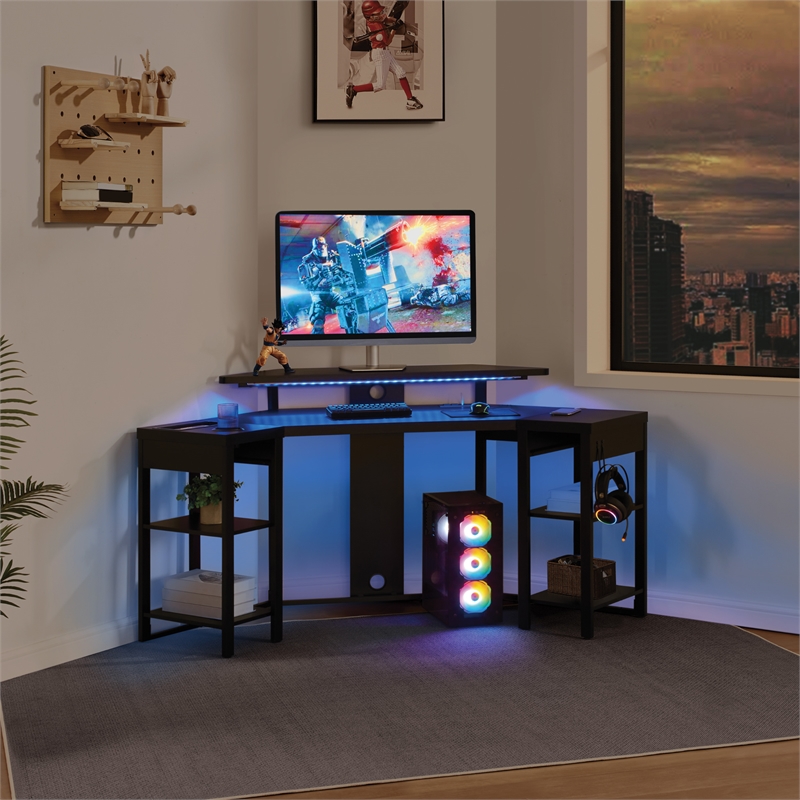 Adaptor Corner Gaming Desk with Engineered Wood Large Monitor Shelf in Black