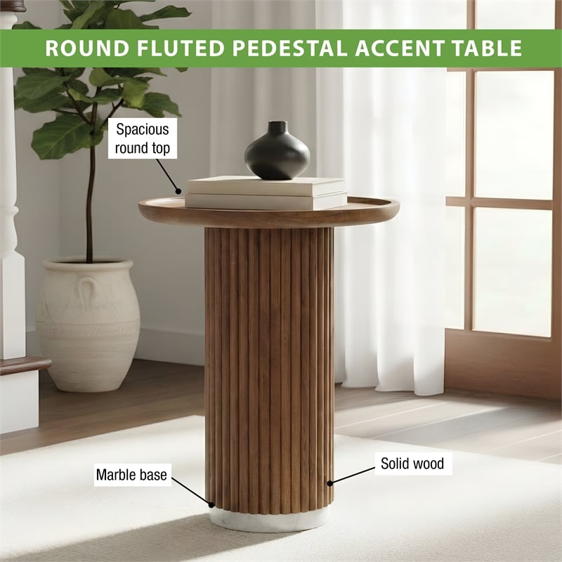 Round Solid Wood Pedestal Fluted Accent Table in Golden Yellow Honey Wood Finish