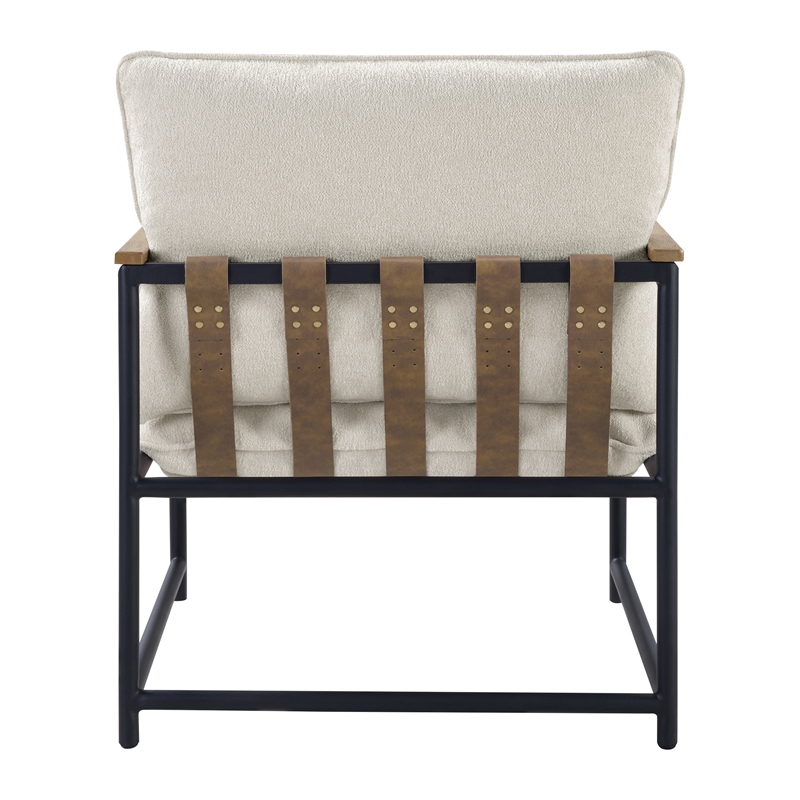 Telly Sling Chair in Chenille Ivory Fabric and Medium oak Finished Wood Arms With Black Steel Frame