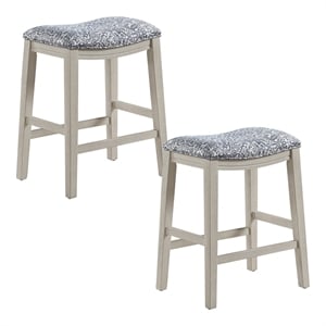 Saddle Stool 24&quot Counter Height in Damask Navy Fabric with White-washed Wood Finish 2-Pack