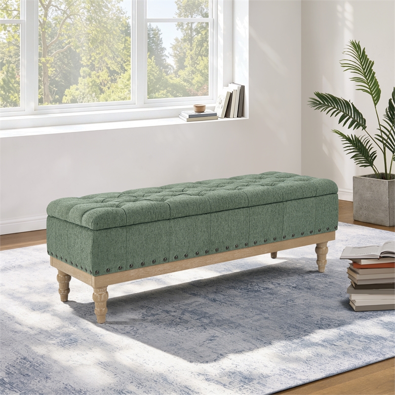 Landis Storage Bench in Green Fabric Antique Bronze Nailhead Trim  and Brushed Natural Light Wood Finished Legs