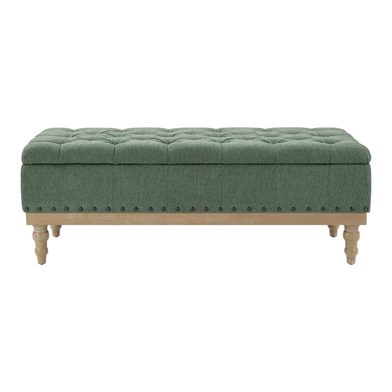 Landis Storage Bench in Green Fabric Antique Bronze Nailhead Trim  and Brushed Natural Light Wood Finished Legs