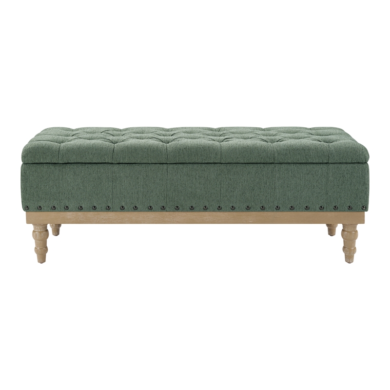 Landis Storage Bench in Green Fabric Antique Bronze Nailhead Trim  and Brushed Natural Light Wood Finished Legs