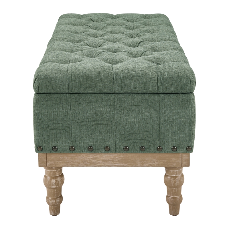 Landis Storage Bench in Green Fabric Antique Bronze Nailhead Trim  and Brushed Natural Light Wood Finished Legs