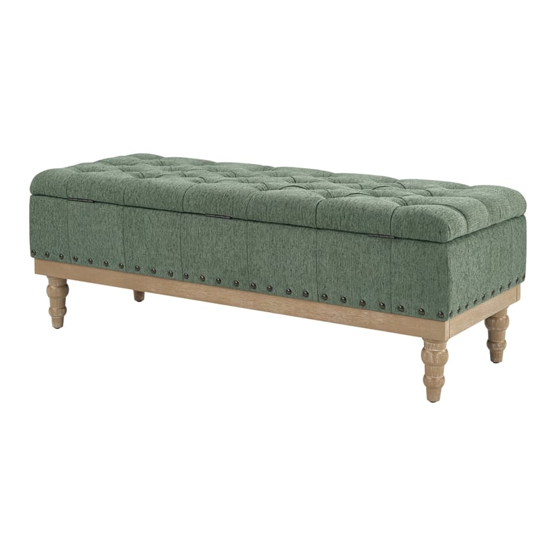 Landis Storage Bench in Green Fabric Antique Bronze Nailhead Trim  and Brushed Natural Light Wood Finished Legs