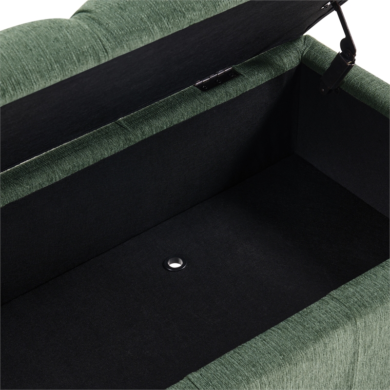 Landis Storage Bench in Green Fabric Antique Bronze Nailhead Trim  and Brushed Natural Light Wood Finished Legs