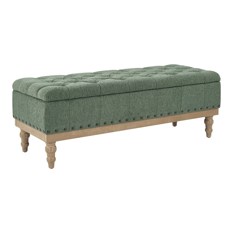 Landis Storage Bench in Green Fabric Antique Bronze Nailhead Trim  and Brushed Natural Light Wood Finished Legs