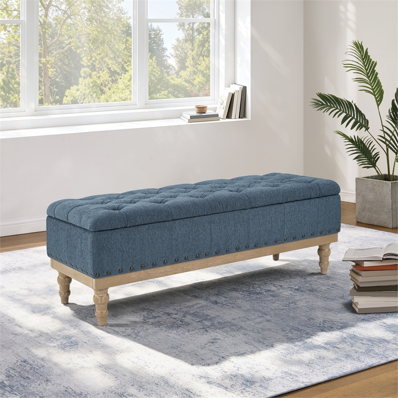 Landis Storage Bench in Blue Fabric Antique Bronze Nailhead Trimand Brushed Natural Light Finished Wood Legs