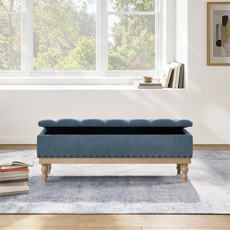 Landis Storage Bench in Blue Fabric Antique Bronze Nailhead Trimand Brushed Natural Light Finished Wood Legs