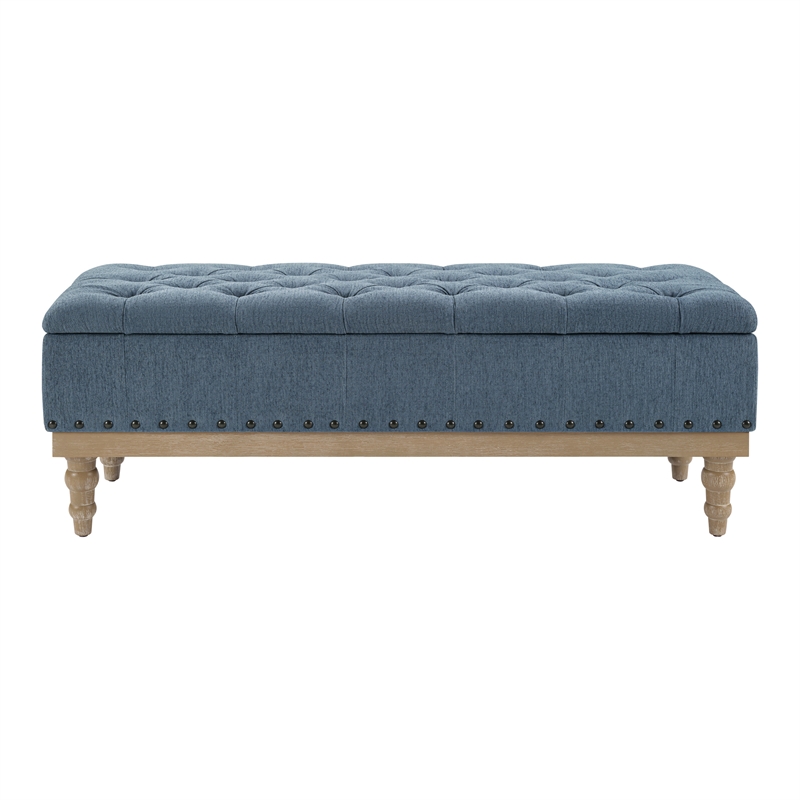 Landis Storage Bench in Blue Fabric Antique Bronze Nailhead Trimand Brushed Natural Light Finished Wood Legs