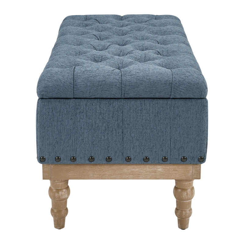 Landis Storage Bench in Blue Fabric Antique Bronze Nailhead Trimand Brushed Natural Light Finished Wood Legs