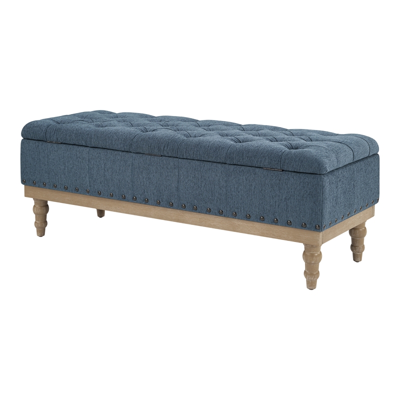 Landis Storage Bench in Blue Fabric Antique Bronze Nailhead Trimand Brushed Natural Light Finished Wood Legs
