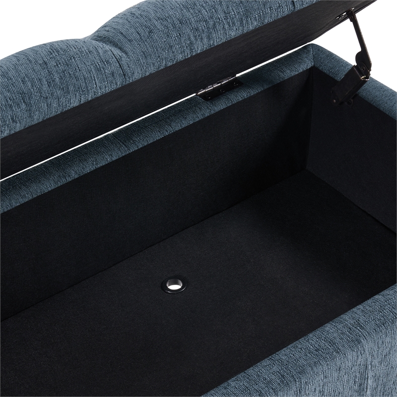 Landis Storage Bench in Blue Fabric Antique Bronze Nailhead Trimand Brushed Natural Light Finished Wood Legs