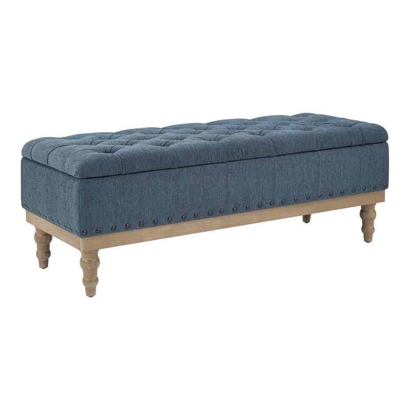 Landis Storage Bench in Blue Fabric Antique Bronze Nailhead Trimand Brushed Natural Light Finished Wood Legs