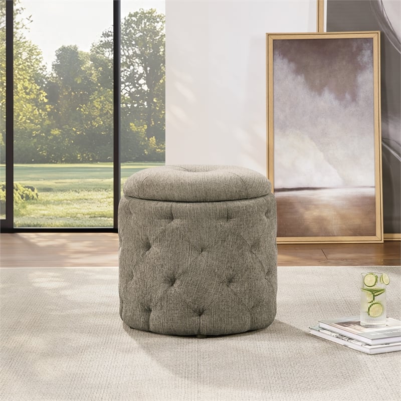 Erindale Round Storage Ottoman in Dolphin Fabric