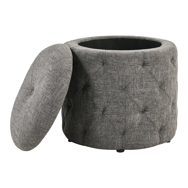 Erindale Round Storage Ottoman in Charcoal Fabric