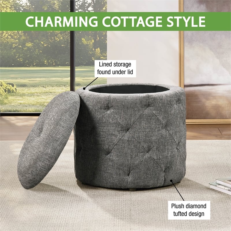 Erindale Round Storage Ottoman in Charcoal Fabric
