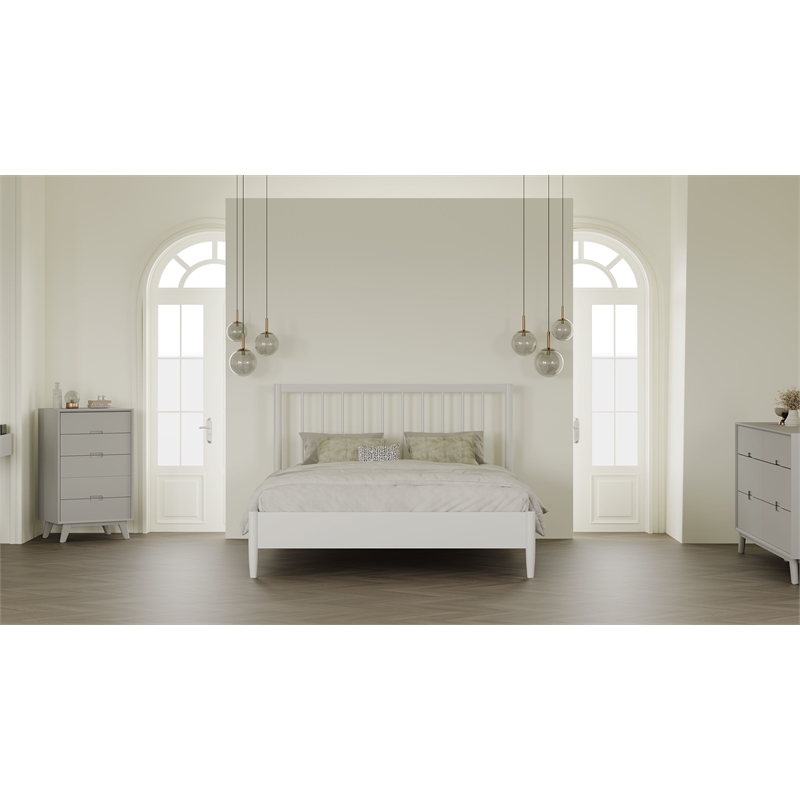 Mid-Century Modern Headboard Platform King Bed - White