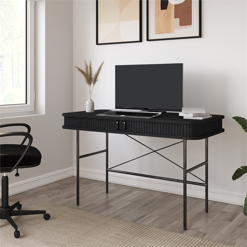 Unique Furniture Mid-Century Modern Rounded Sliding Door 47x24 Desk in Black