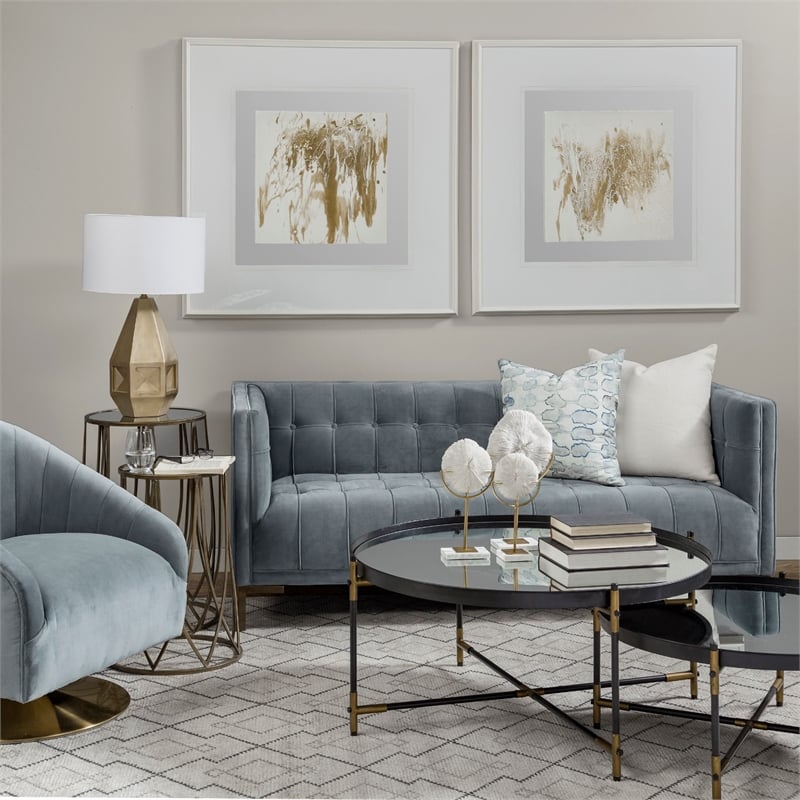 Mercana  James II Gray Blue Velvet Covered Seat w Gold Swivel Base Accent Chair