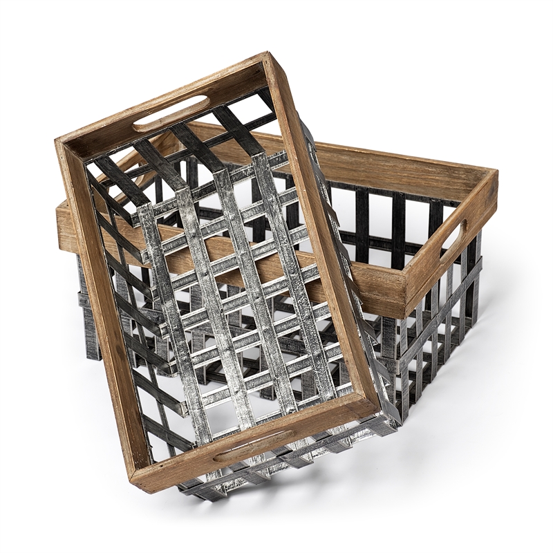 Mercana Chartrand Set of 2 Open Crate Style Brown Wood/Metal Baskets