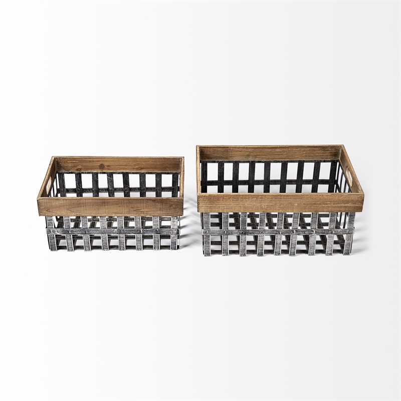 Mercana Chartrand Set of 2 Open Crate Style Brown Wood/Metal Baskets