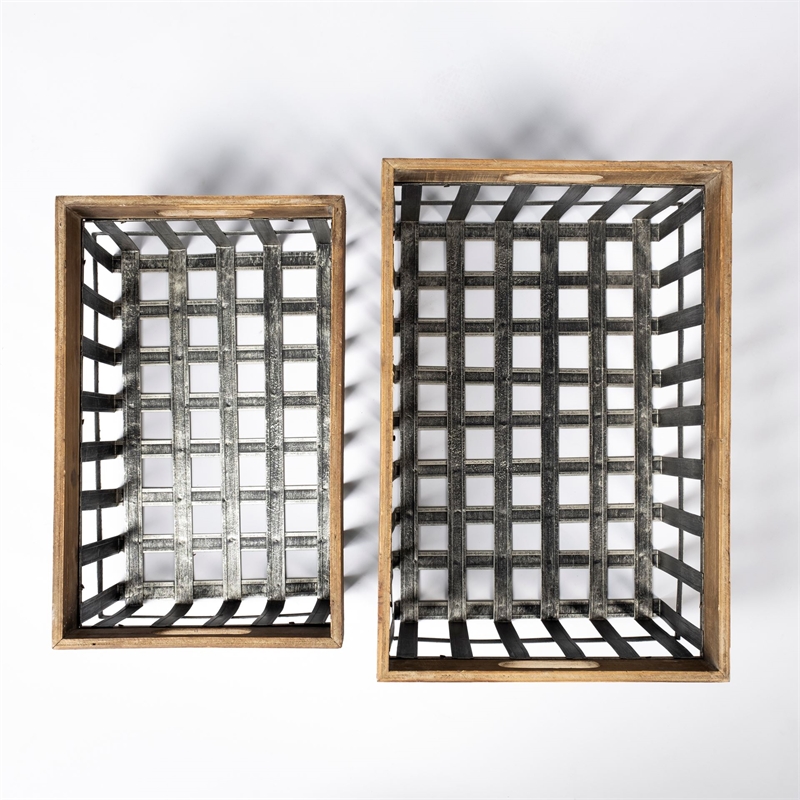 Mercana Chartrand Set of 2 Open Crate Style Brown Wood/Metal Baskets