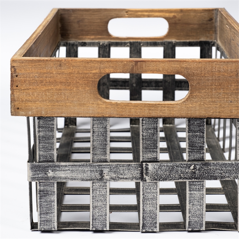 Mercana Chartrand Set of 2 Open Crate Style Brown Wood/Metal Baskets