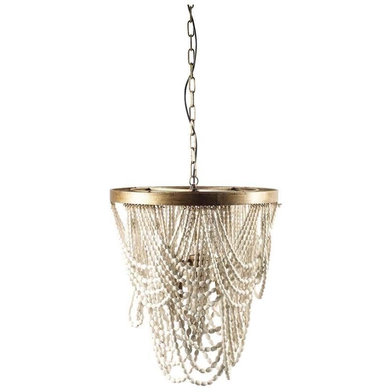 Mercana Pendra 26x23 Gold Metal White washed Wooden Bead Three Bulb Chandelier