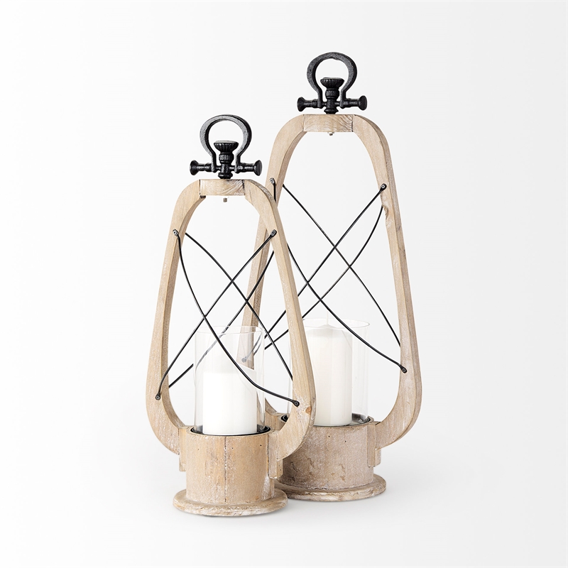 Mercana Zain II Large Brown Wooden Vintage Inspired Candle Holder Lantern