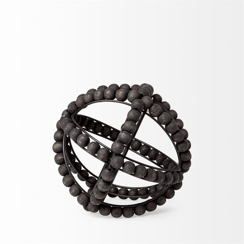 Mercana Earnhardt I decorative black metal orb with wooden bead details