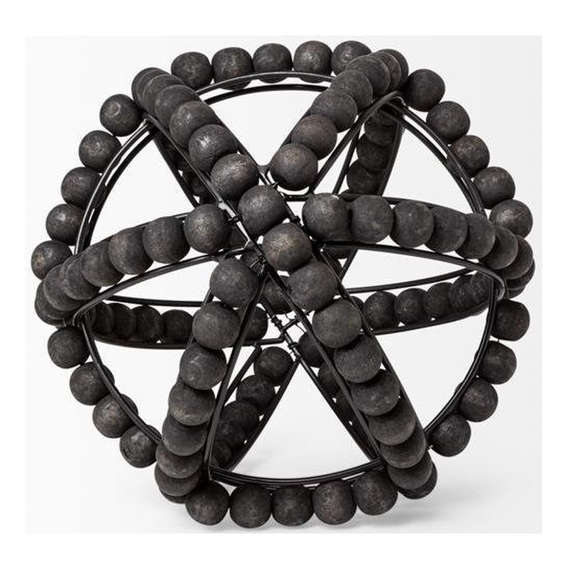 Mercana Earnhardt I decorative black metal orb with wooden bead details