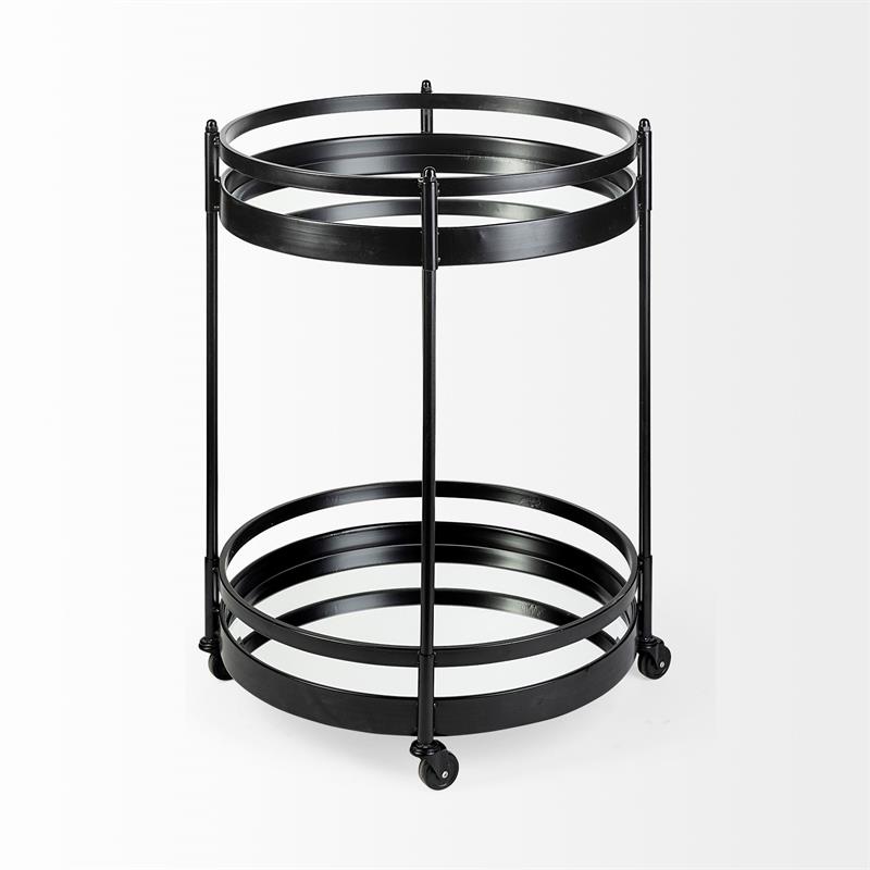 Merana Ada Round Shape Black Metal Frame Two-Tier w/Glass Shelf Bar Cart