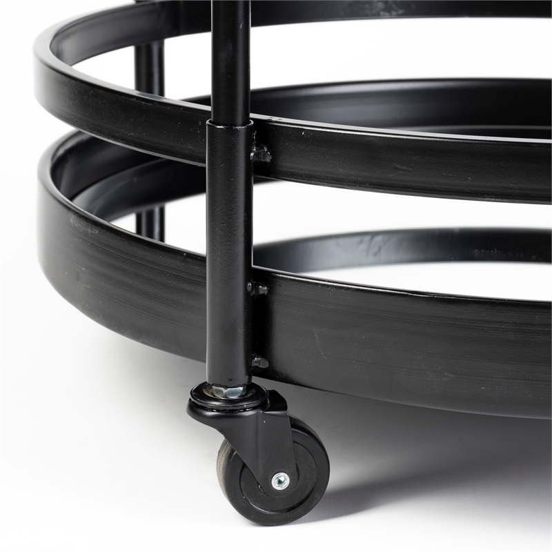 Merana Ada Round Shape Black Metal Frame Two-Tier w/Glass Shelf Bar Cart