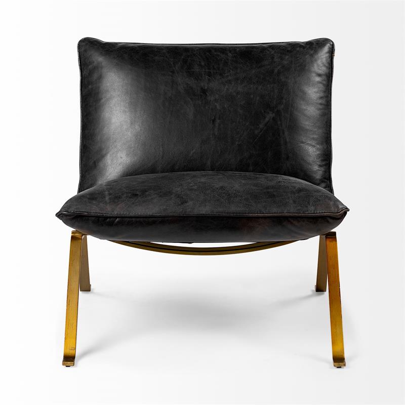 Mercana Flavelle II Black Leather Cushion Seat & Solid Iron Base Accent Chair