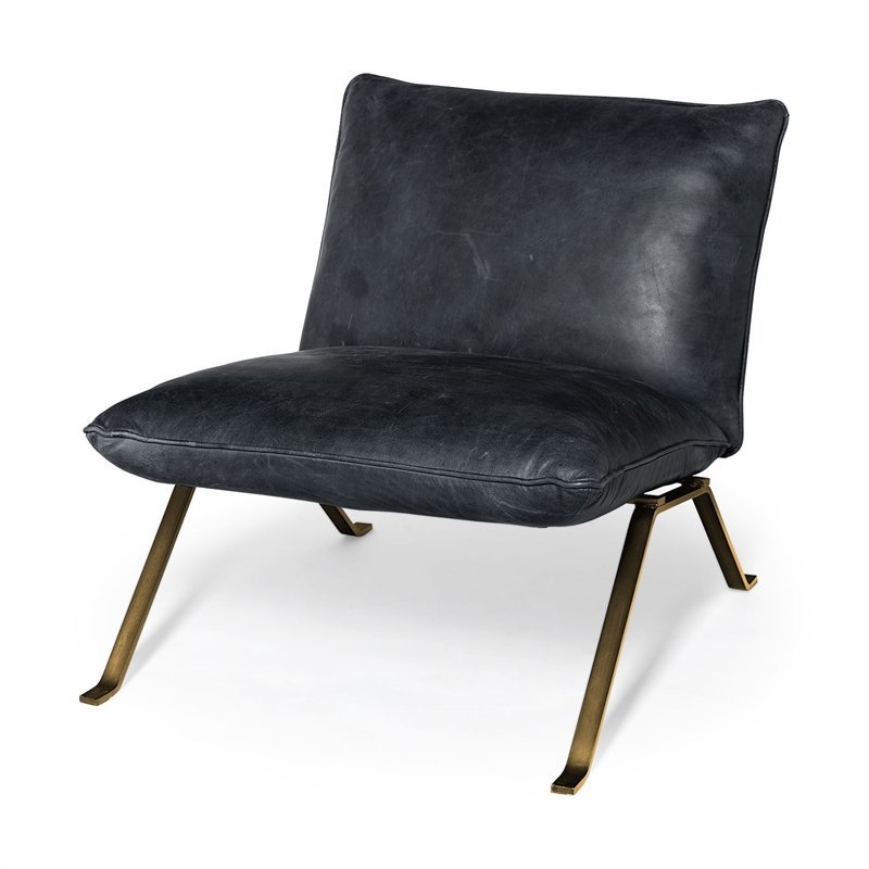 Mercana Flavelle II Black Leather Cushion Seat & Solid Iron Base Accent Chair
