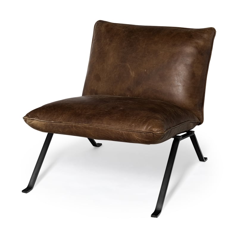 Mercana Flavelle I Brown Leather Cushion Seat & Solid Iron Base Accent Chair