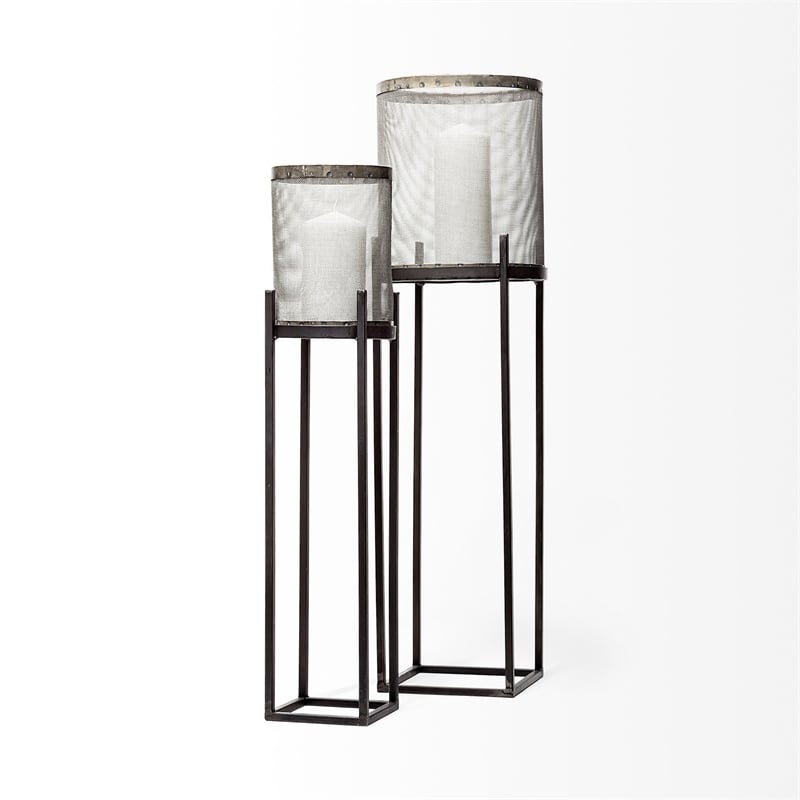 Mercana Steen Set of Two Black Meshed Metal Candle Holder Lanterns