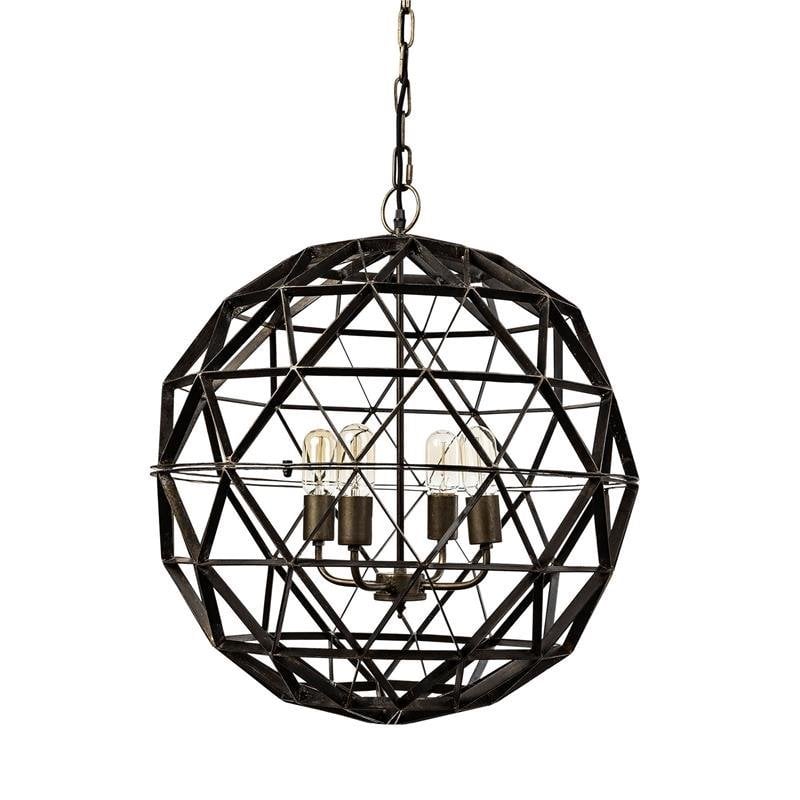 Mercana Dyson II 22.5x22.5 Black Metal Triangular Orb Four Bulb Ch&elier