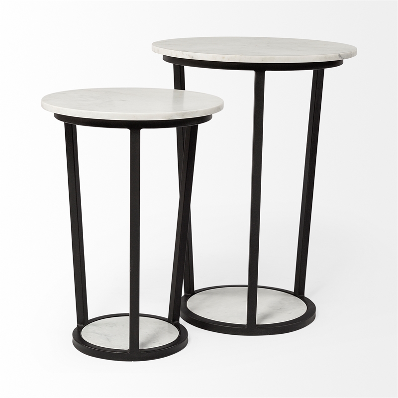 Mercana Bombola II 18 x 25.2 Round White Marble Top & Black Metal Frame Table