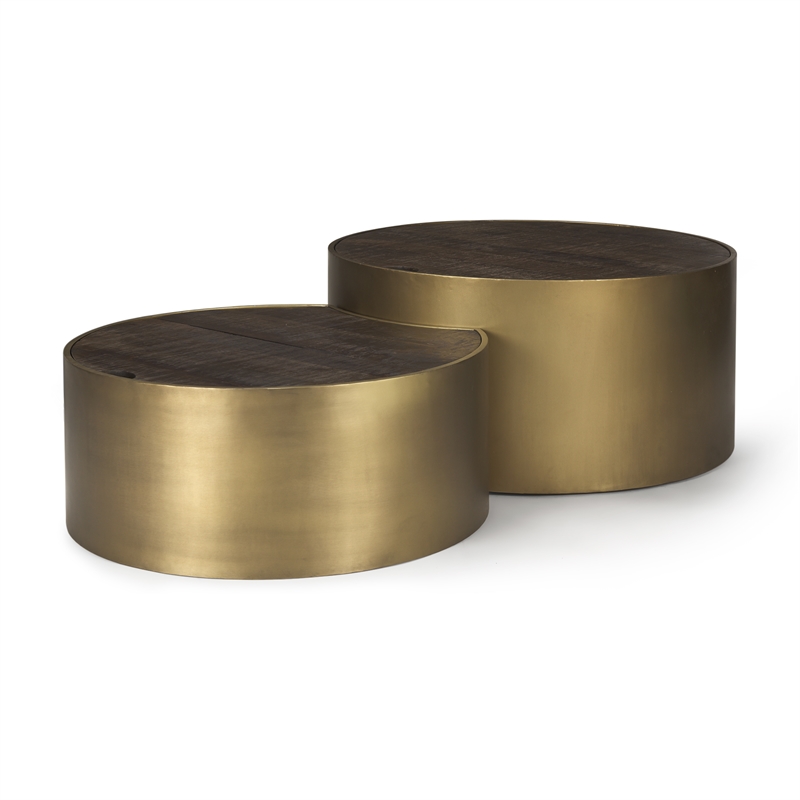 Eclipse Set of 2 36 & 32 Round Brown Wood Top Gold Metal Base Coffee Tables