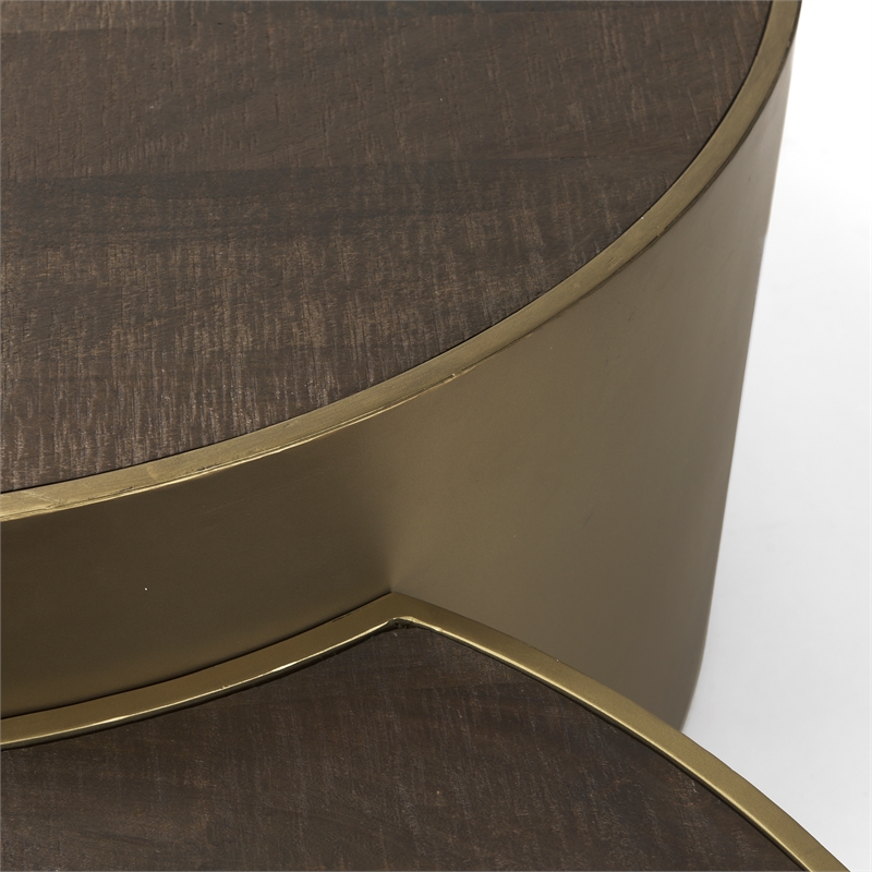 Eclipse Set of 2 36 & 32 Round Brown Wood Top Gold Metal Base Coffee Tables